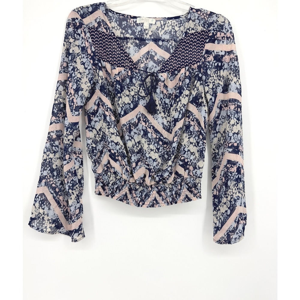 Love Fire Womens Floral Chevron Smocked Waist Blouse Navy Pink‎ Bell Sleeve S